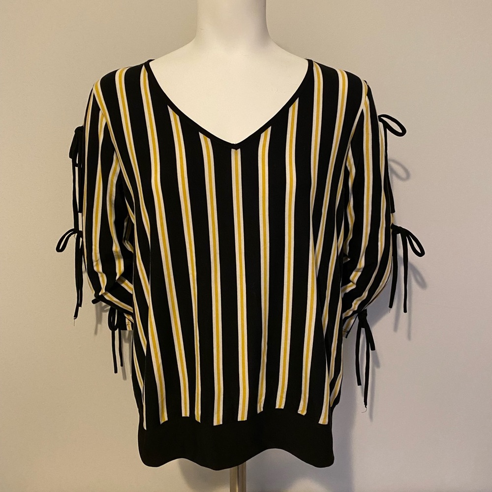 Womens Size Small Yellow & Black Tie Long Sleeve Blouse